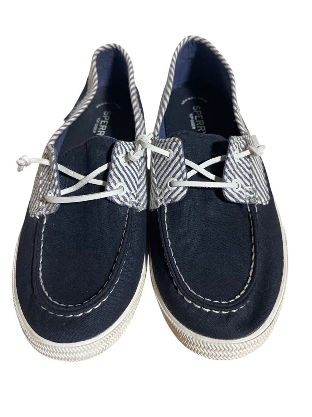 Sperry Womens Striped Canvas Navy/White Boat Shoes Size 10 Casual Slip-On